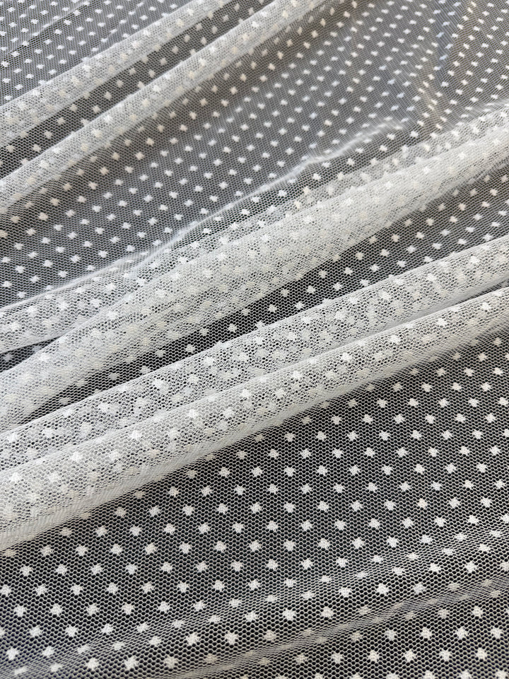 Luxury White Polka Dot Tulle Fabric – Soft Sheer Mesh for Couture & Bridal( 1 Piece = 5 Meter)