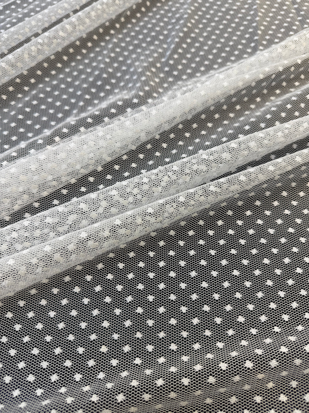 Luxury White Polka Dot Tulle Fabric – Soft Sheer Mesh for Couture & Bridal( 1 Piece = 5 Meter)