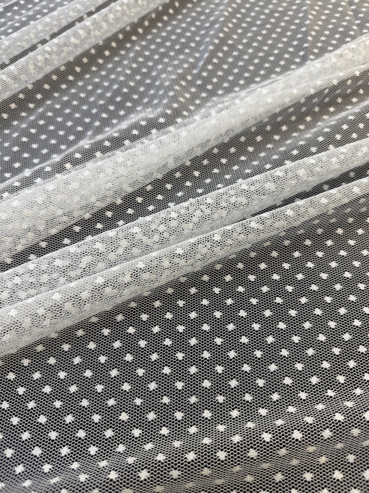Luxury White Polka Dot Tulle Fabric – Soft Sheer Mesh for Couture & Bridal( 1 Piece = 5 Meter)