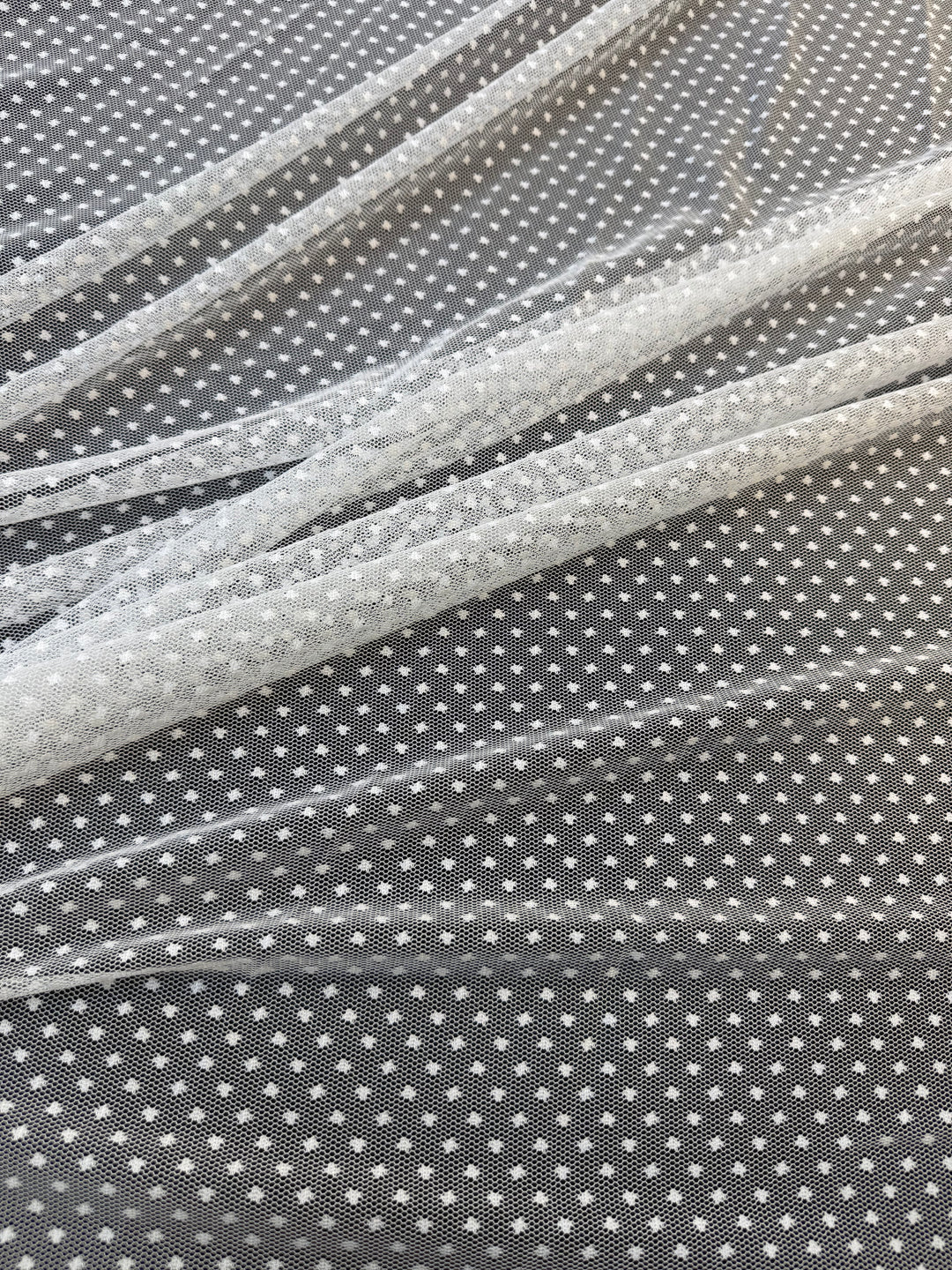 Luxury White Polka Dot Tulle Fabric – Soft Sheer Mesh for Couture & Bridal( 1 Piece = 5 Meter)