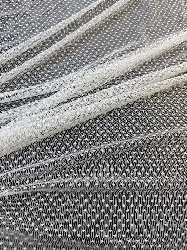 Luxury White Polka Dot Tulle Fabric – Soft Sheer Mesh for Couture & Bridal( 1 Piece = 5 Meter)