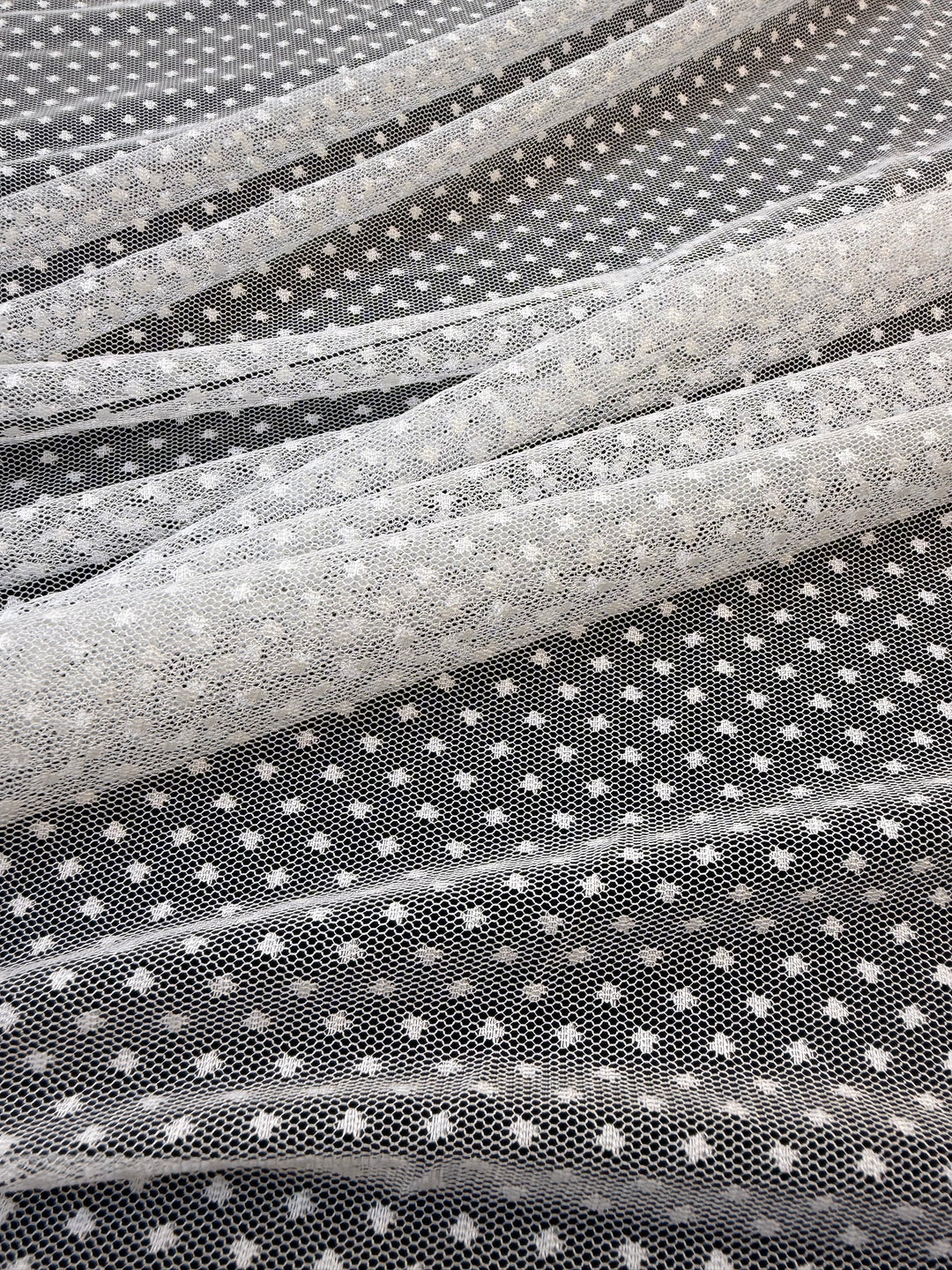 Luxury White Polka Dot Tulle Fabric – Soft Sheer Mesh for Couture & Bridal( 1 Piece = 5 Meter)