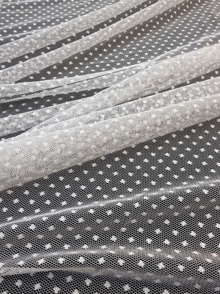 Luxury White Polka Dot Tulle Fabric – Soft Sheer Mesh for Couture & Bridal( 1 Piece = 5 Meter)