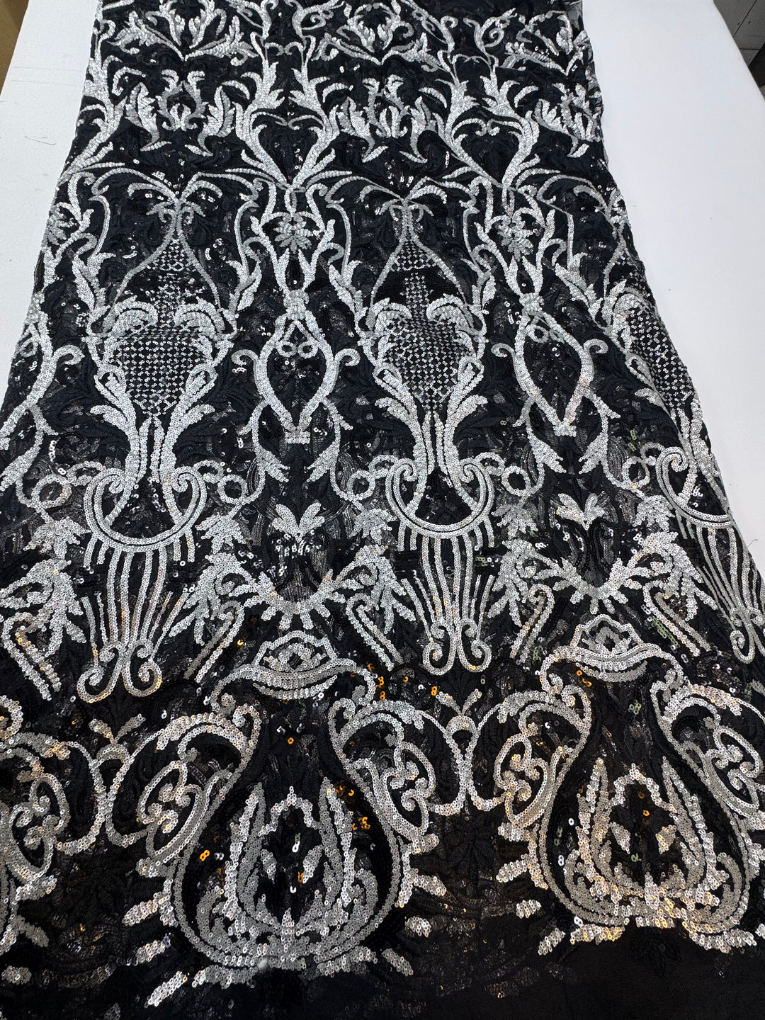 Black & Silver Baroque Sequin Lace – Regal Embroidered Couture Fabric