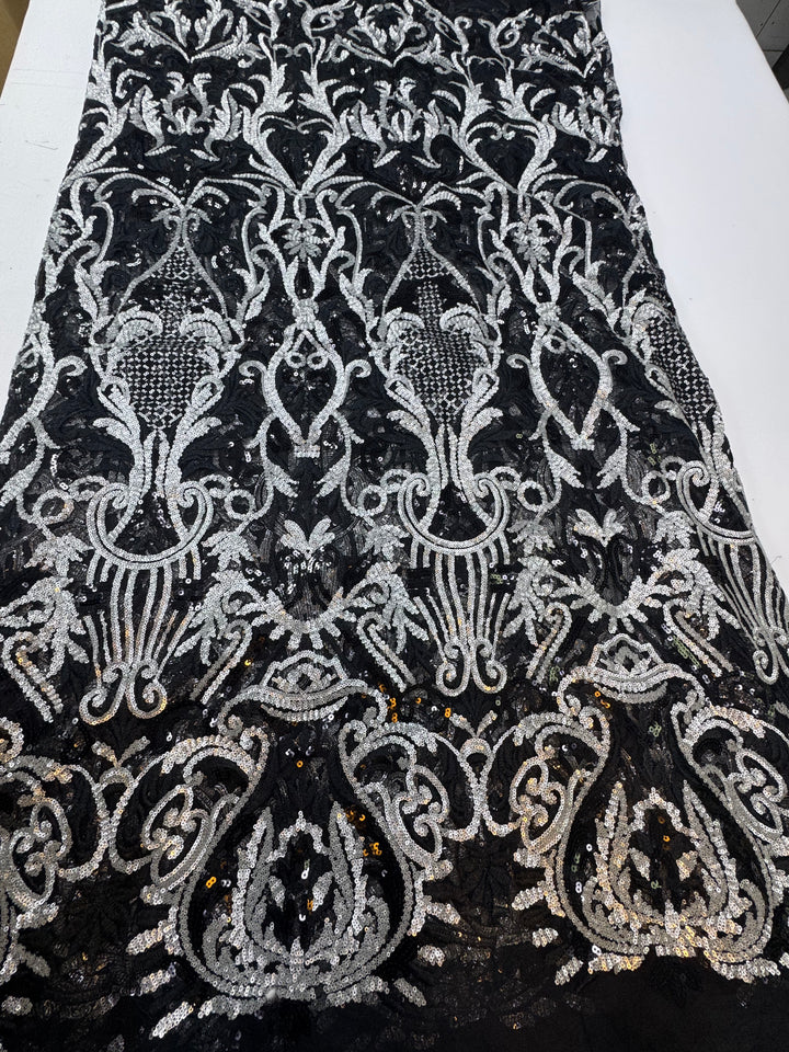 Black & Silver Baroque Sequin Lace – Regal Embroidered Couture Fabric