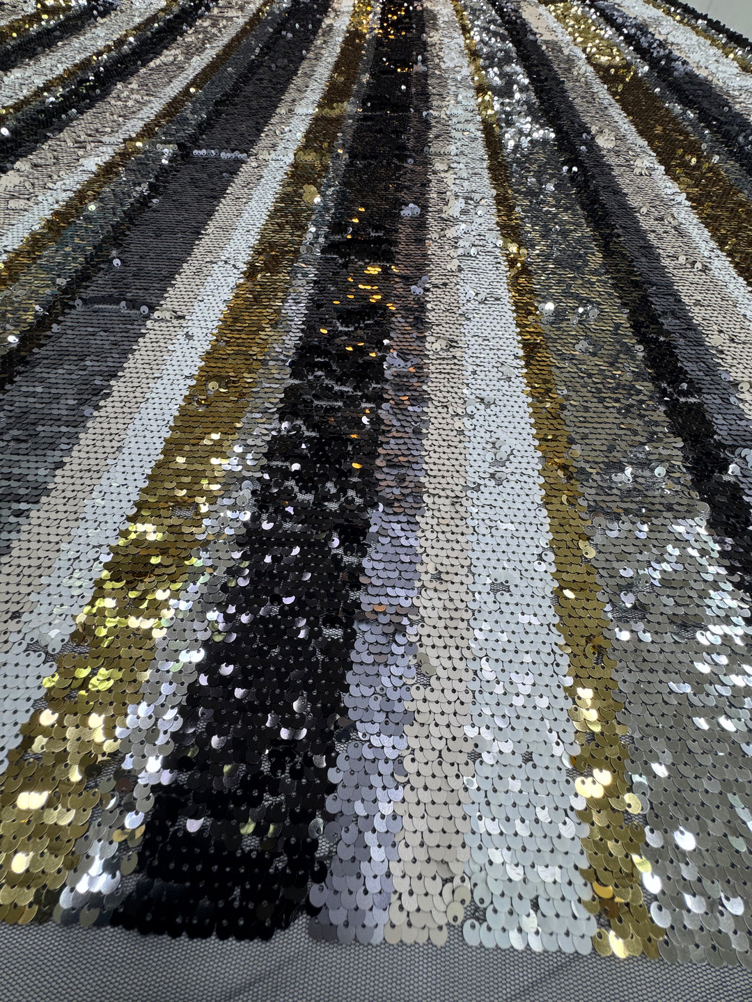 Luxury Striped Sequin Fabric – Black, Silver & Gold Multitone Glamour
