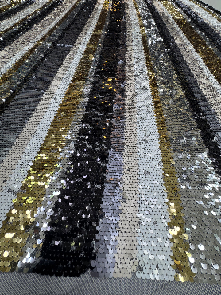 Luxury Striped Sequin Fabric – Black, Silver & Gold Multitone Glamour