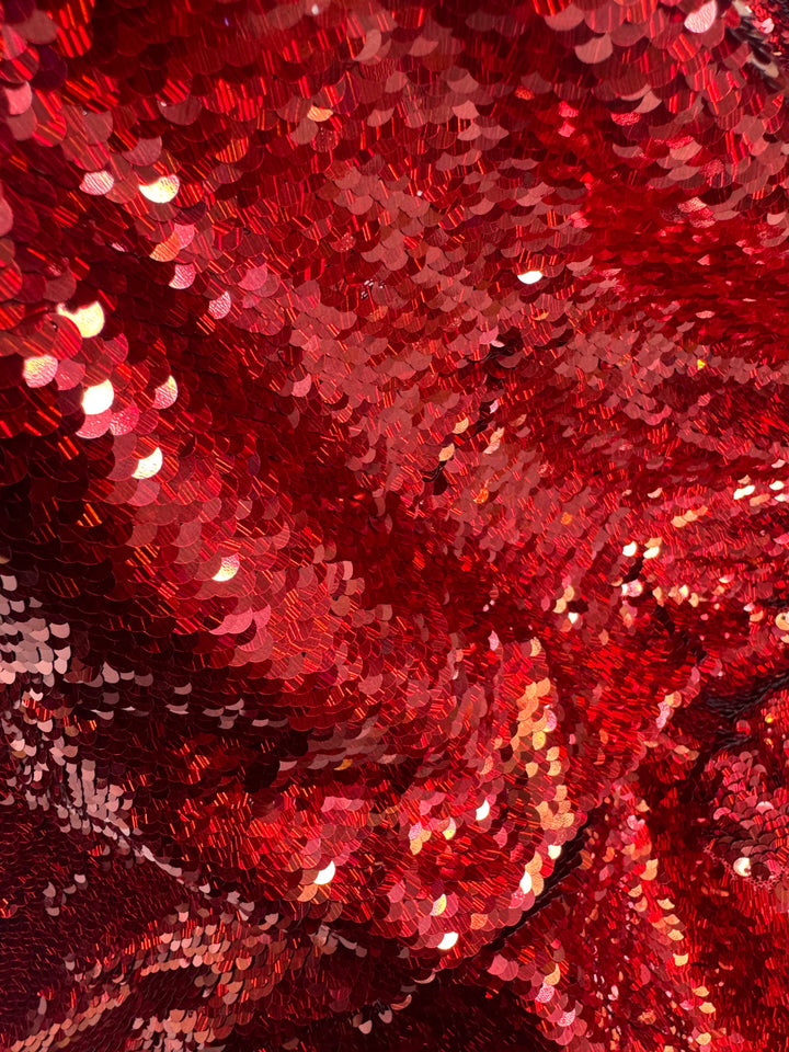 Italian Luxury Red Sequin Fabric – Bold High-Shine Couture Textile ( 1 Piece = 2.5)