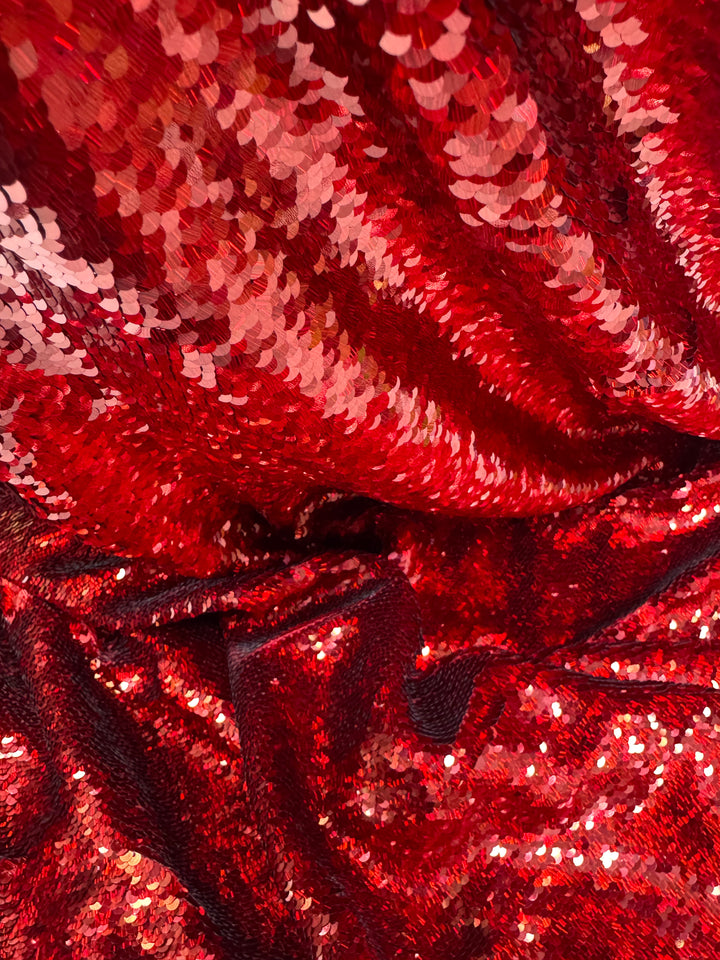 Italian Luxury Red Sequin Fabric – Bold High-Shine Couture Textile ( 1 Piece = 2.5)