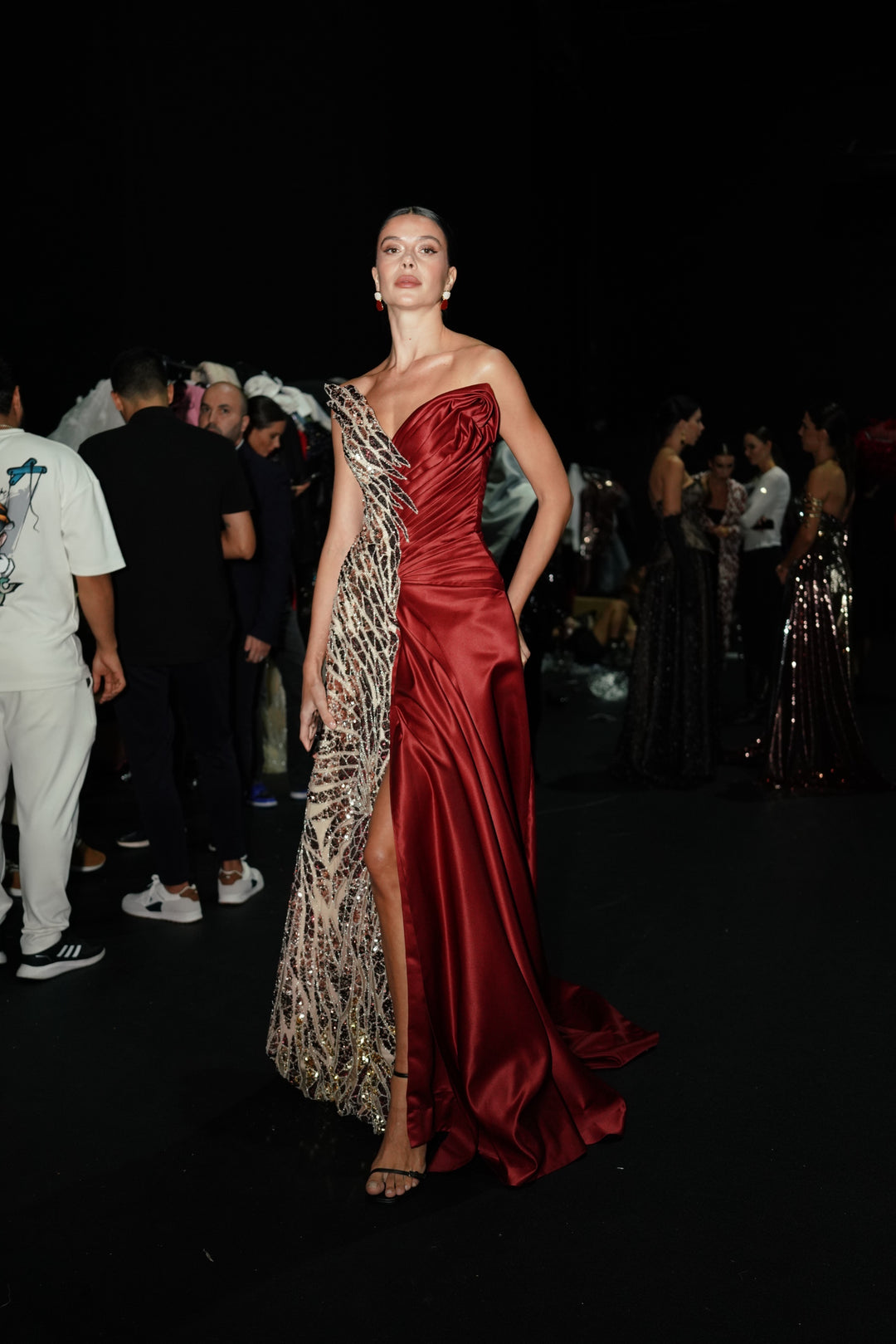 Burgundy & Rose Gold Sequin Beaded Tulle Fabric – Luxury Couture Material for Evening & Bridal Gowns