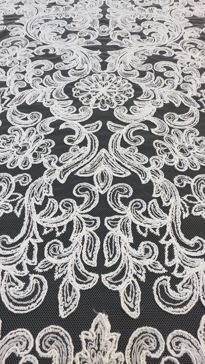 Luxury Baroque Embroidered Lace Tulle – Ivory on Nude Net