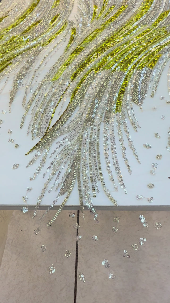 Luxury Silver & Lime Sequin Feather Waves Tulle Fabric (1 Piece = 3 Meter)