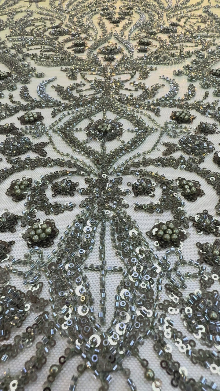 Emerald Green Beaded Baroque Embroidery on Tulle – Luxury Couture Fabric (1 Piece = 3 Meter)