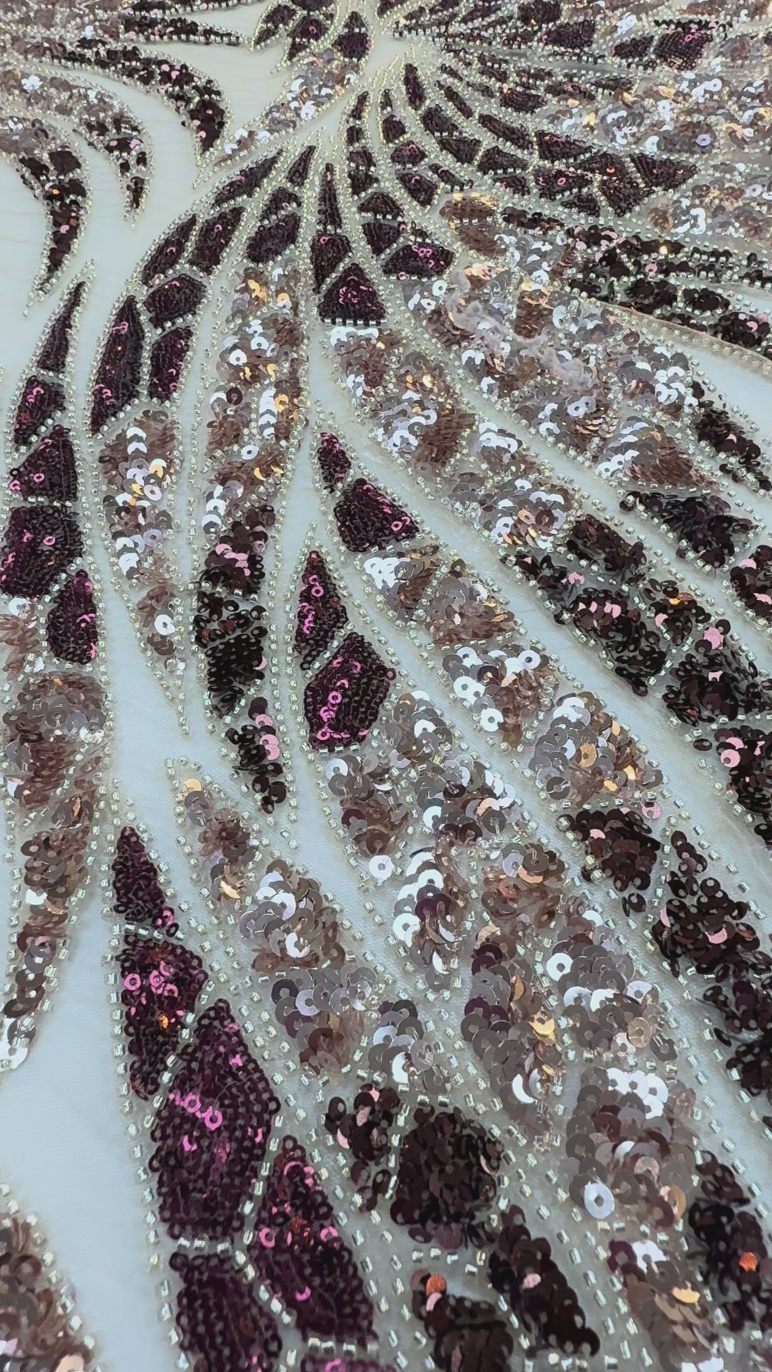 Burgundy & Rose Gold Sequin Beaded Tulle Fabric – Luxury Couture Material for Evening & Bridal Gowns