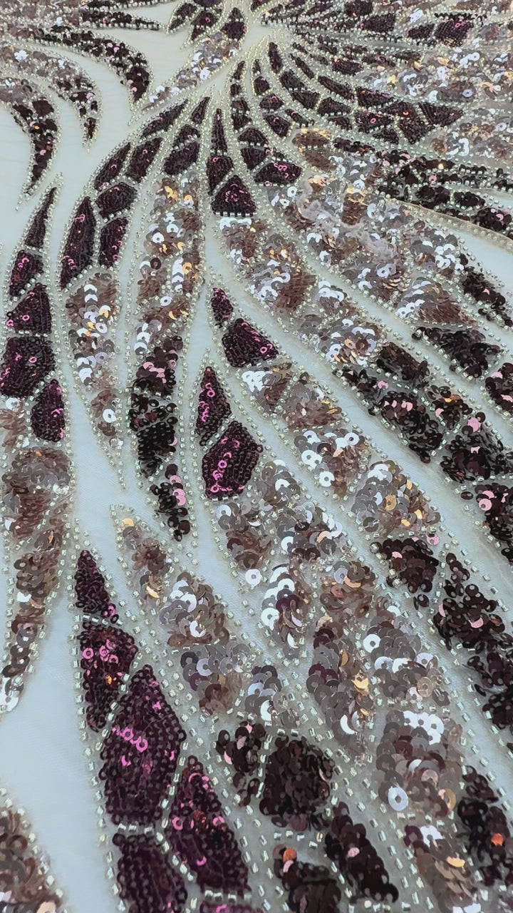 Burgundy & Rose Gold Sequin Beaded Tulle Fabric – Luxury Couture Material for Evening & Bridal Gowns