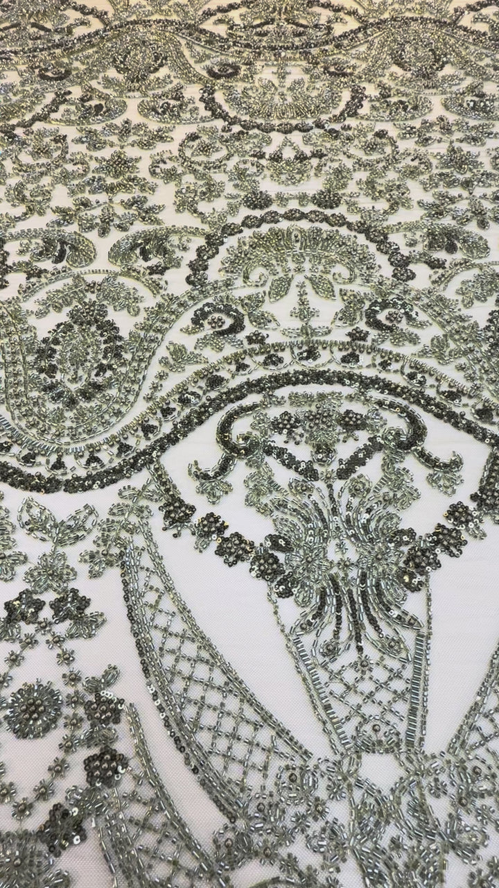 Luxury Green Sequin & Beaded Embroidered Fabric – Premium Haute Couture