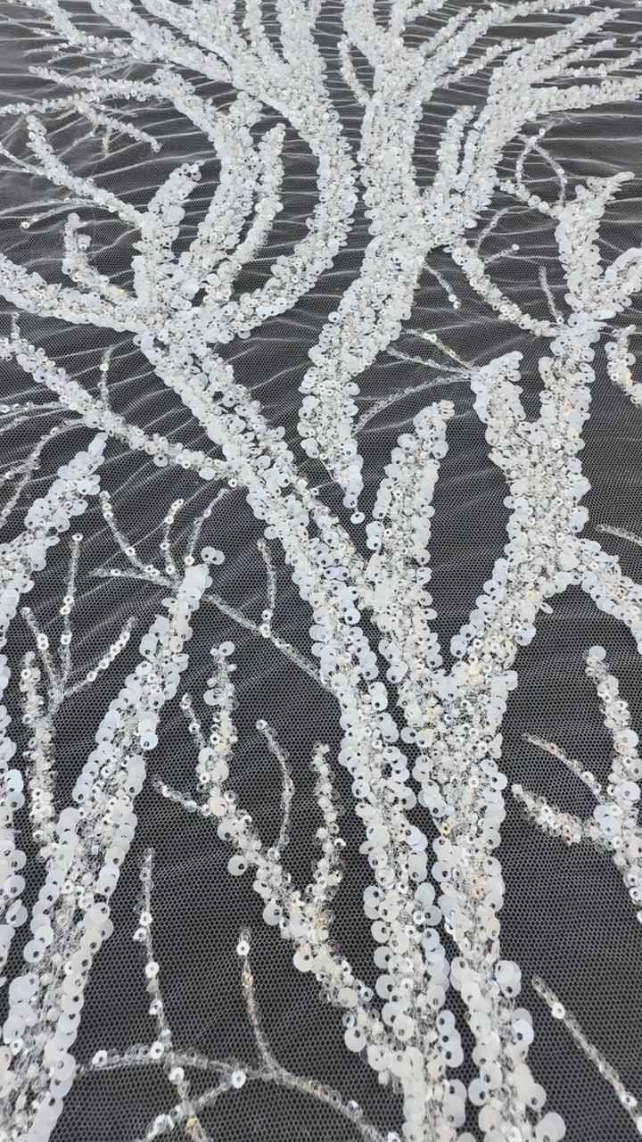 Luxury Silver Sequin Embroidered Tulle – Tree Branch Design