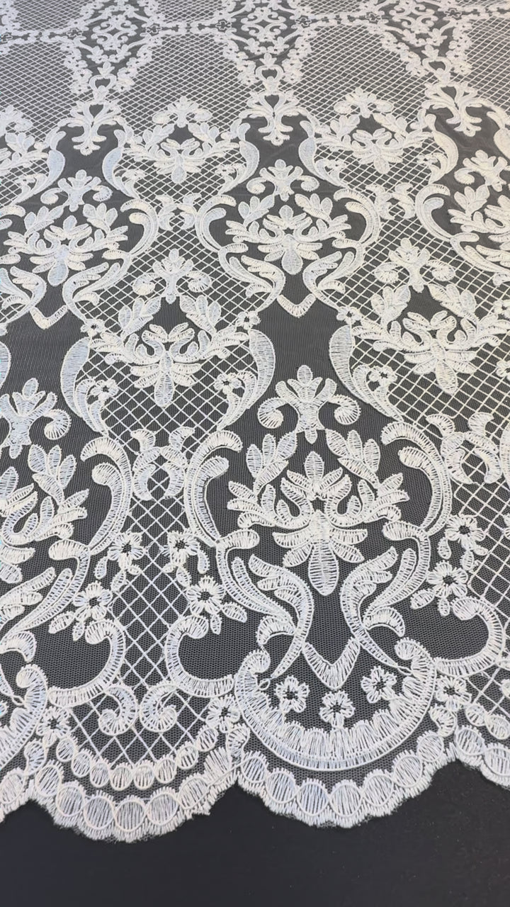 Luxury Baroque-Inspired White Embroidered Lace Fabric with Scalloped Edge( 1 Piece = 3.5 Meter)