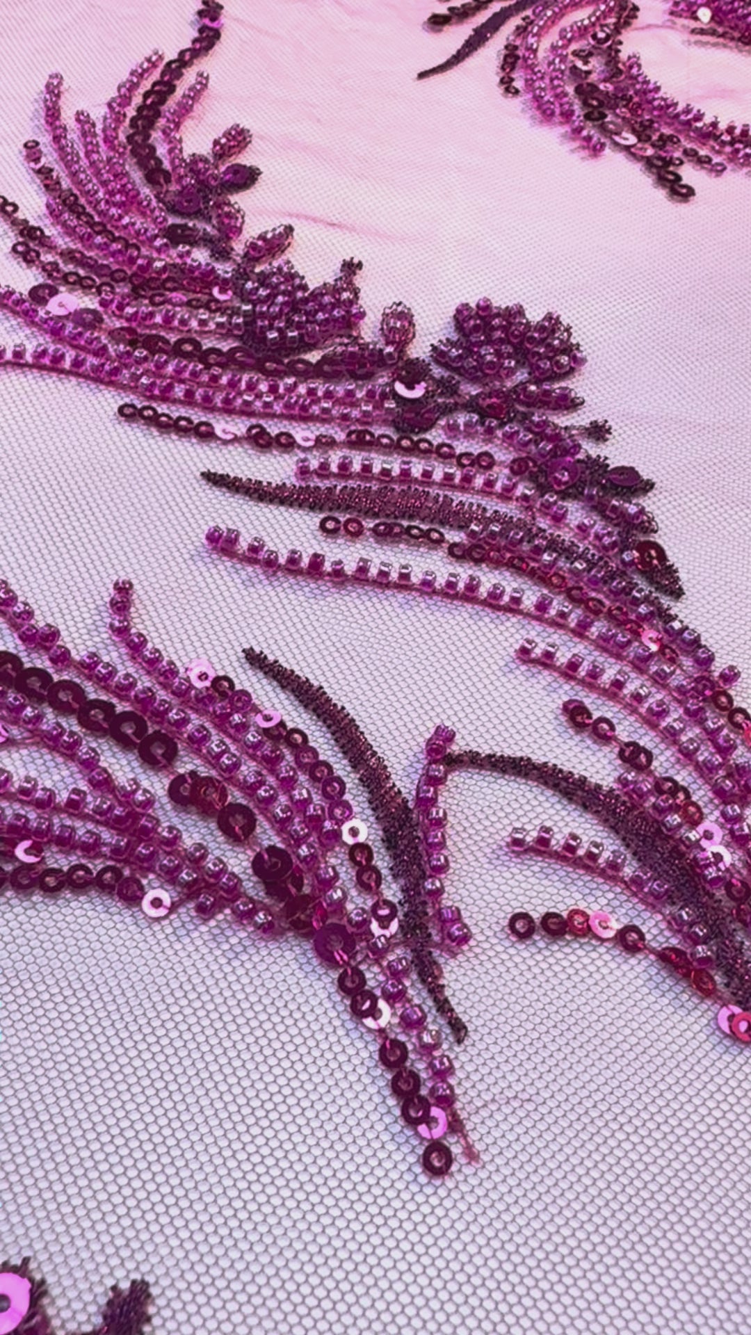 Luxury Magenta Sequin & Bead Embroidered Tulle Fabric – Haute Couture Evening & Bridal Wear (1 Piece = 2.5 Meter)