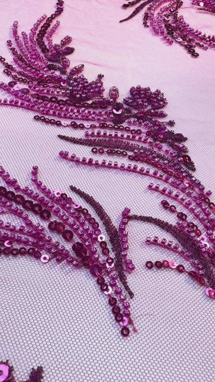 Luxury Magenta Sequin & Bead Embroidered Tulle Fabric – Haute Couture Evening & Bridal Wear (1 Piece = 2.5 Meter)