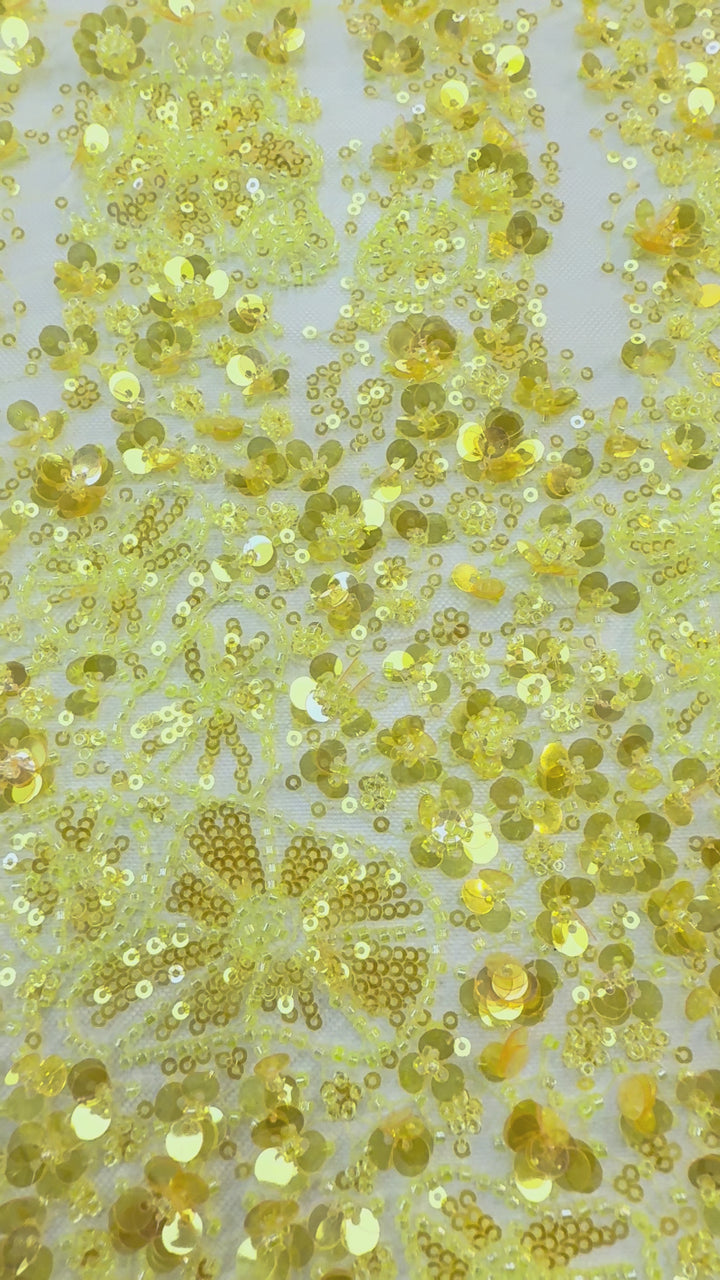 Golden Yellow Floral Sequin Beaded Tulle Fabric – Luxury Couture Material for Bridal & Evening Dresses (1 Piece = 2.5 Meter)