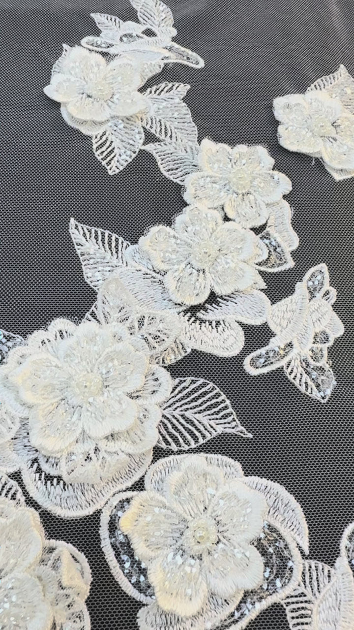 Ivory 3D Floral Beaded Lace Fabric with Sequins – Luxury Bridal Lace( 1 Piece = 2 Meter)