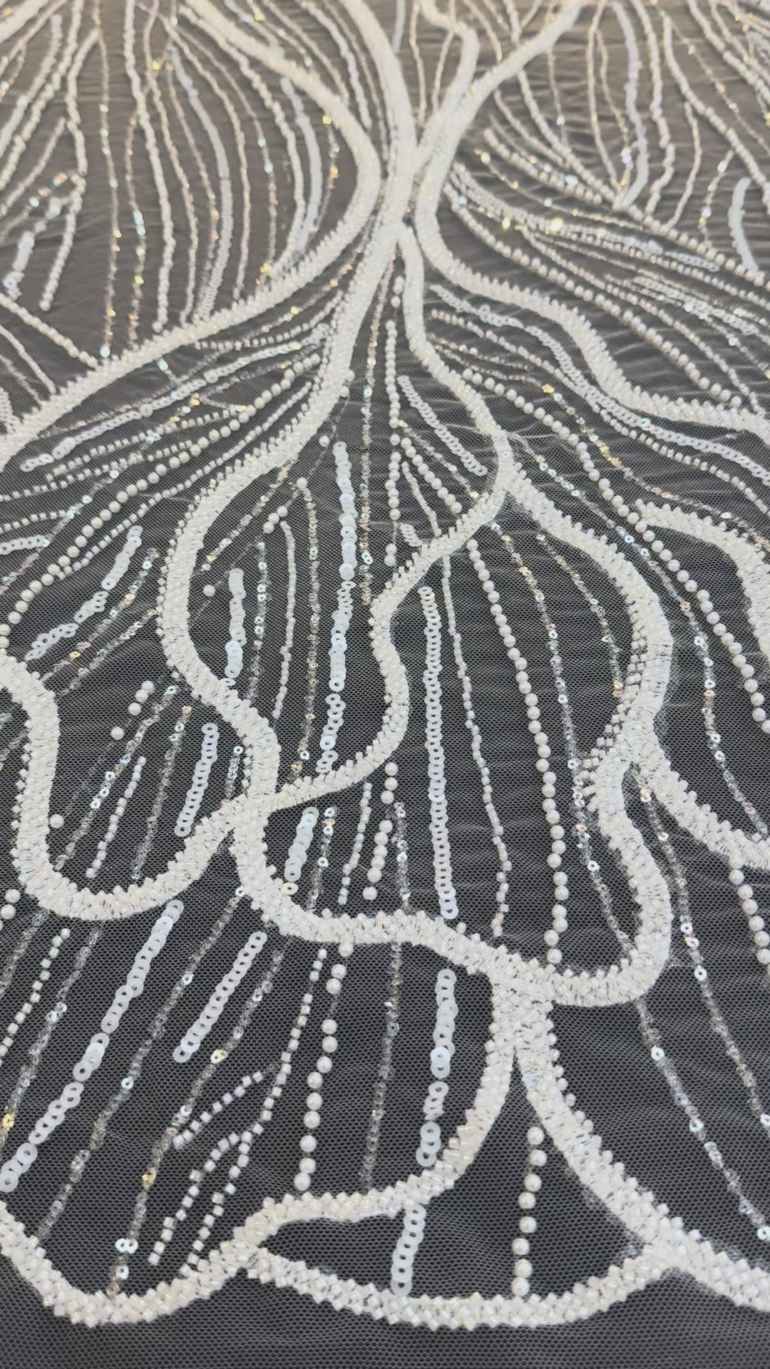 Luxury Off-white Lace with Silver Sequin Abstract Waves( 1 Piece = 2 Meter)