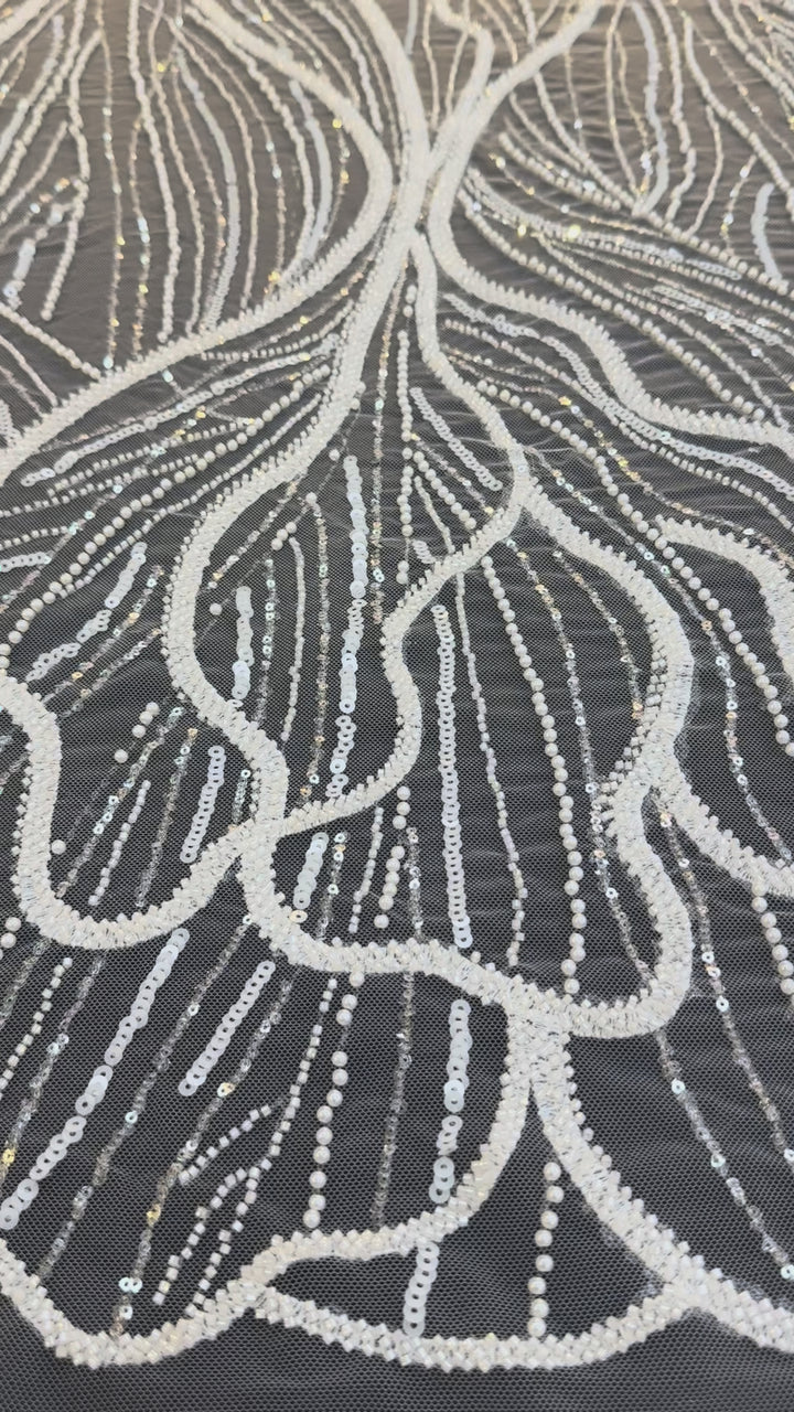 Luxury Off-white Lace with Silver Sequin Abstract Waves( 1 Piece = 2 Meter)