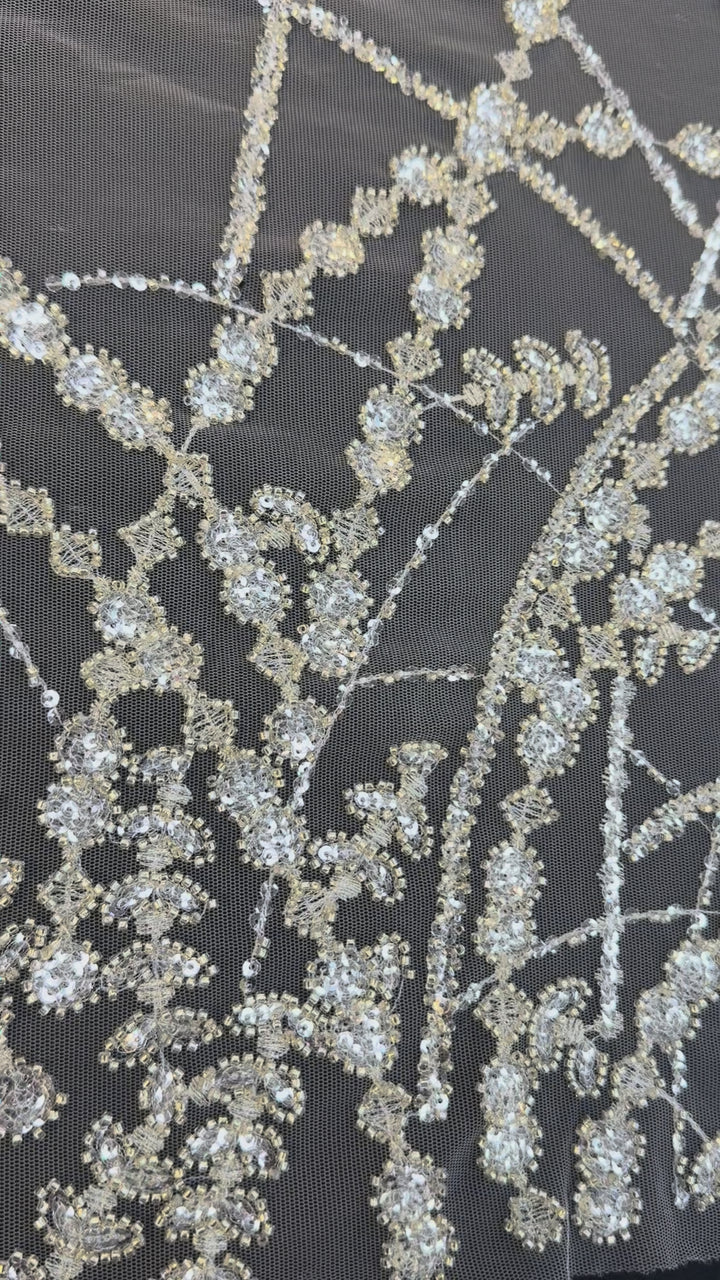Luxury Silver Sequin Net Fabric – Couture Beaded Embroidery for Evening & Bridal Gowns( 1 Piece = 3.5 Meter)