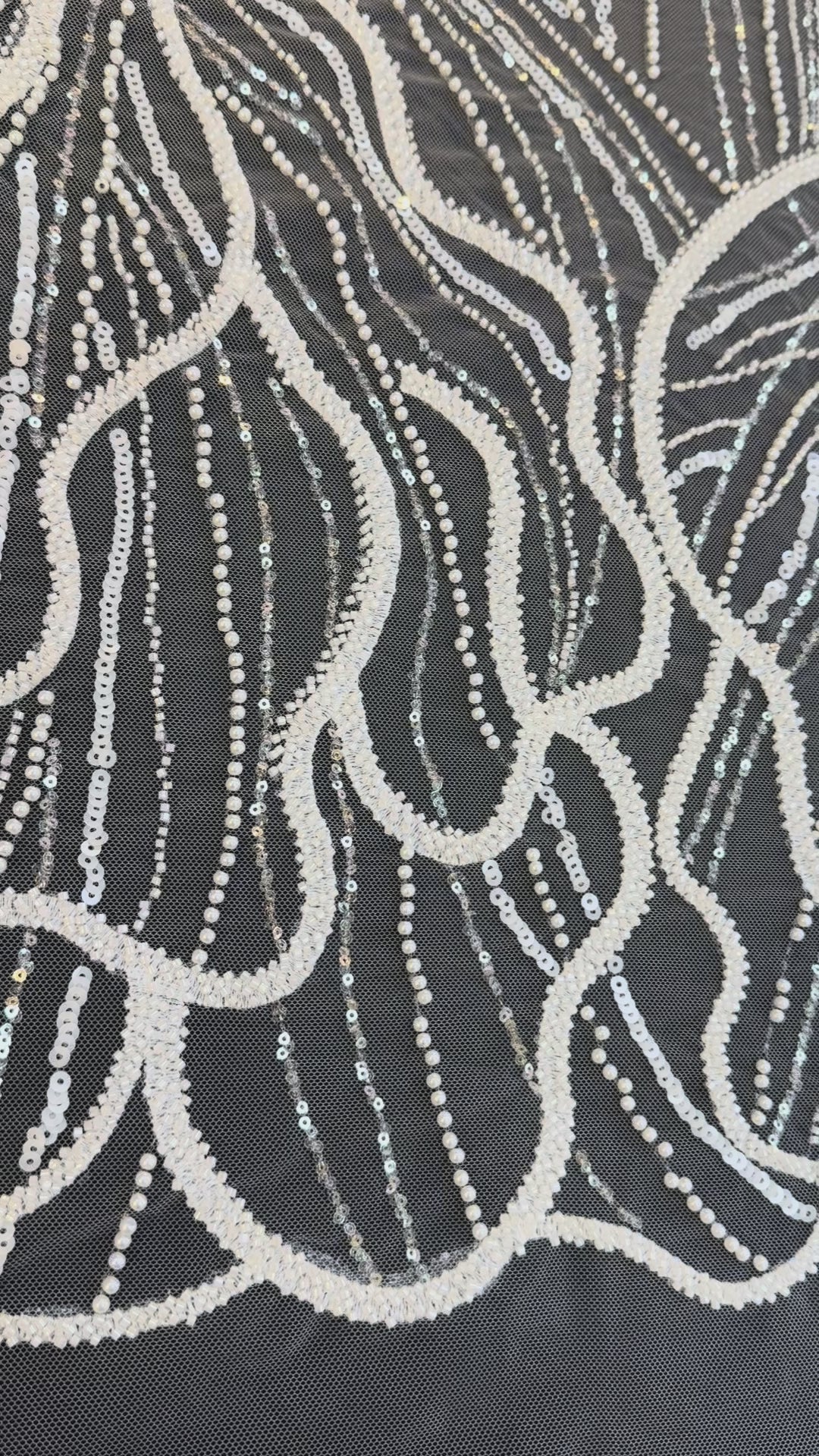Luxury Off-white Lace with Silver Sequin Abstract Waves( 1 Piece = 2 Meter)