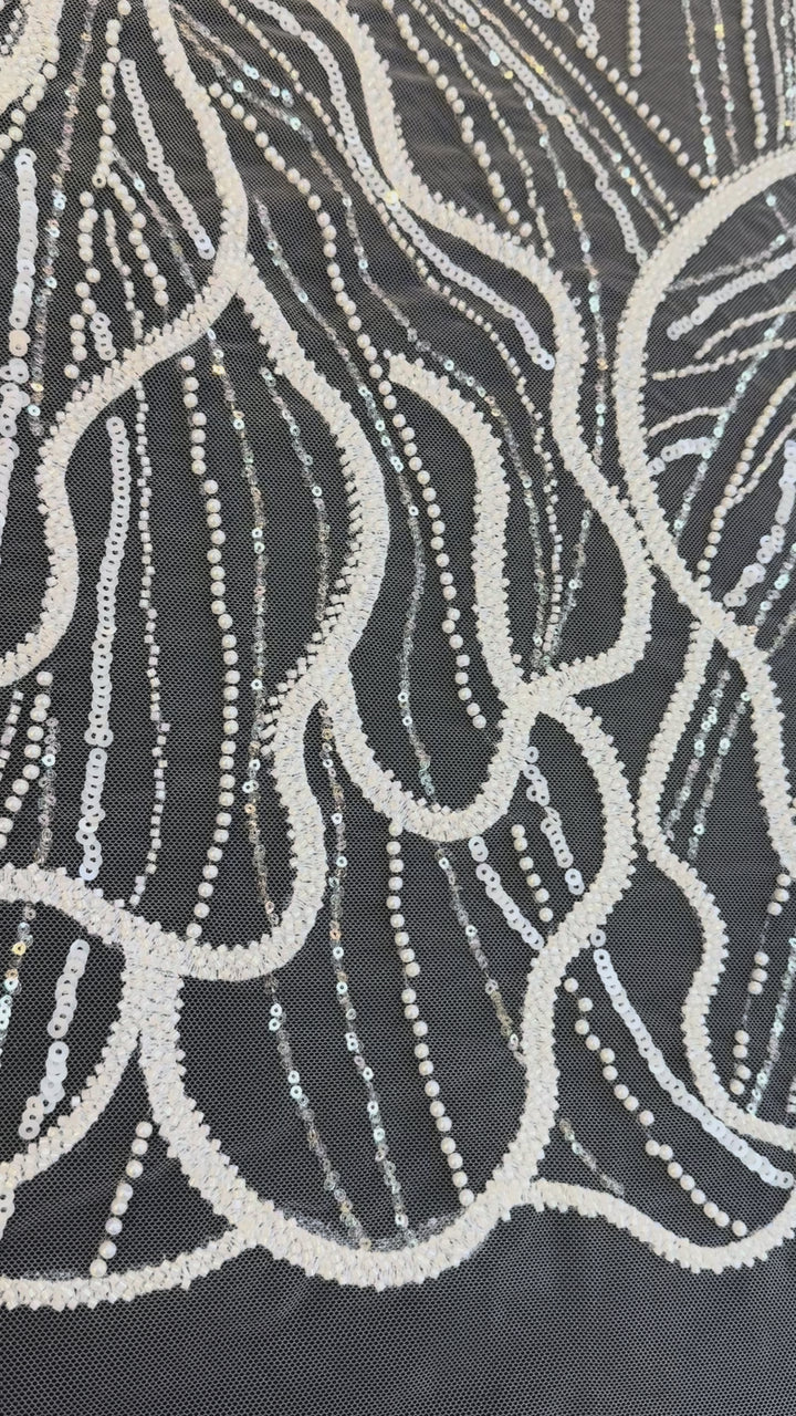 Luxury Off-white Lace with Silver Sequin Abstract Waves( 1 Piece = 2 Meter)