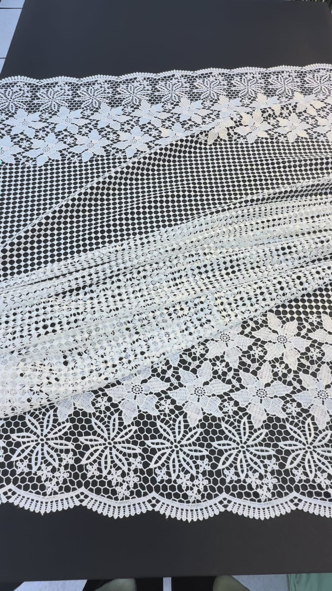 Luxury White Floral Border Lace Fabric – Geometric Net with Embroidered Flowers