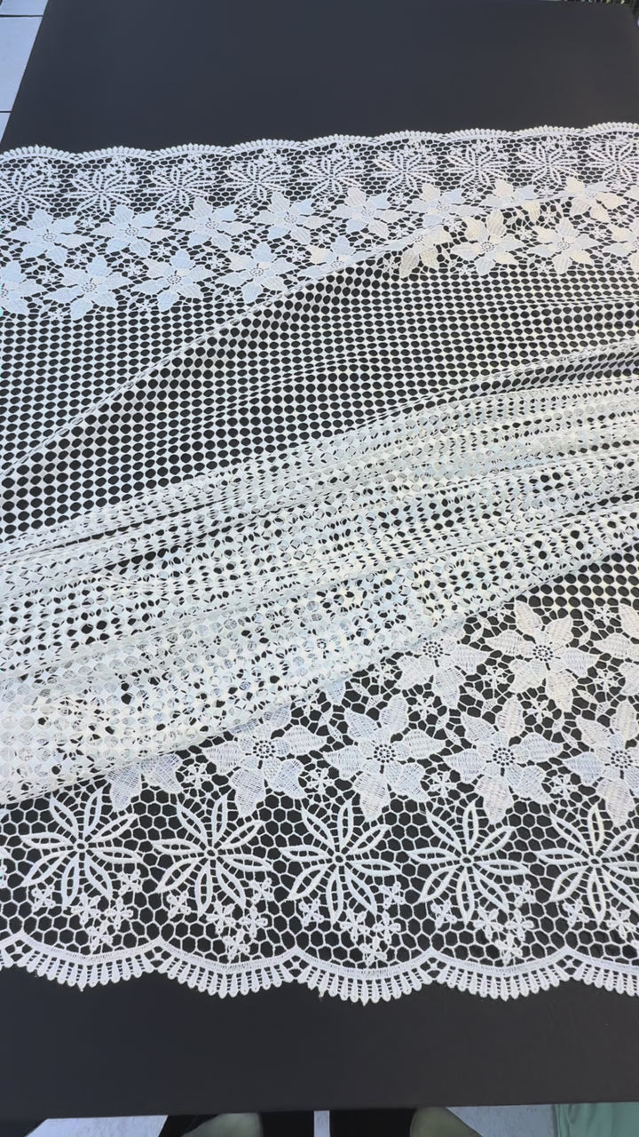 Luxury White Floral Border Lace Fabric – Geometric Net with Embroidered Flowers