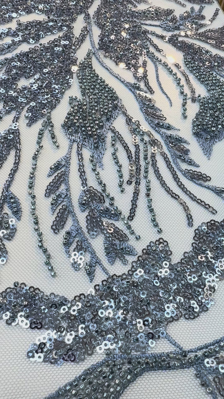 Luxury Steel Blue Sequin & Beaded Embroidered Tulle Fabric( 1 Piece = 2.5 Meter)