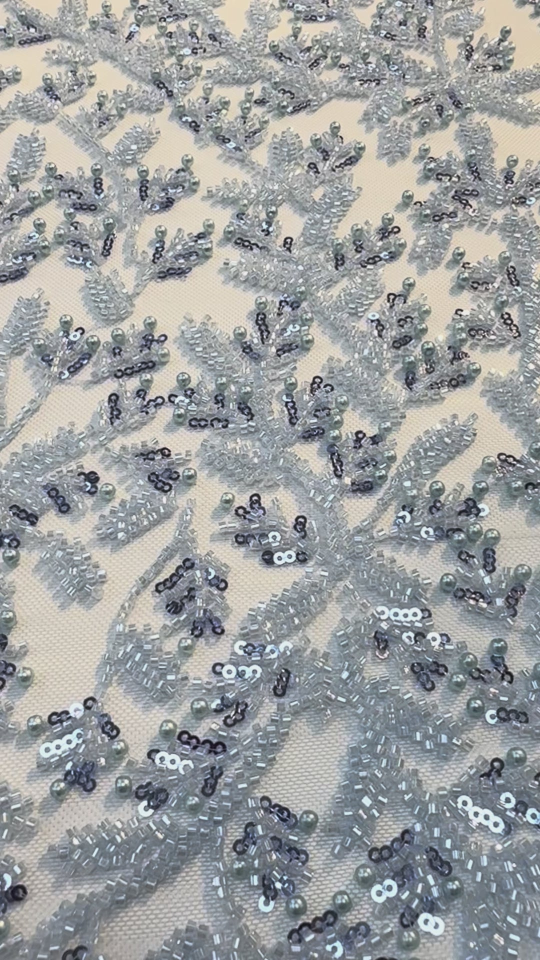 Luxury Sky Blue Beaded & Pearl Embroidered Tulle Fabric – Haute Couture Evening & Bridal Wear( 1 Piece = 2 Meter)