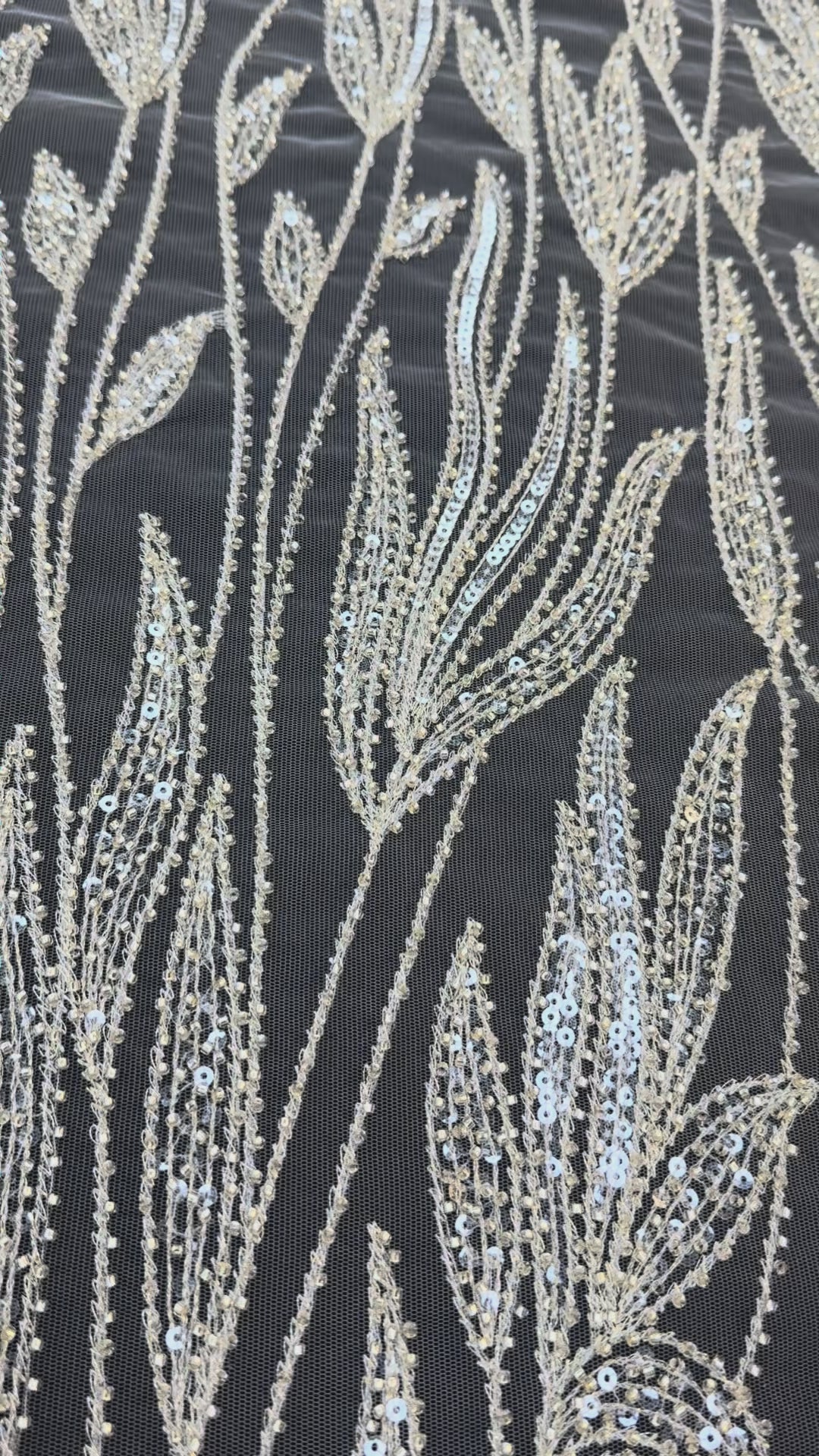Luxury Champagne Floral Beaded Tulle Fabric with Sequins and Crystals