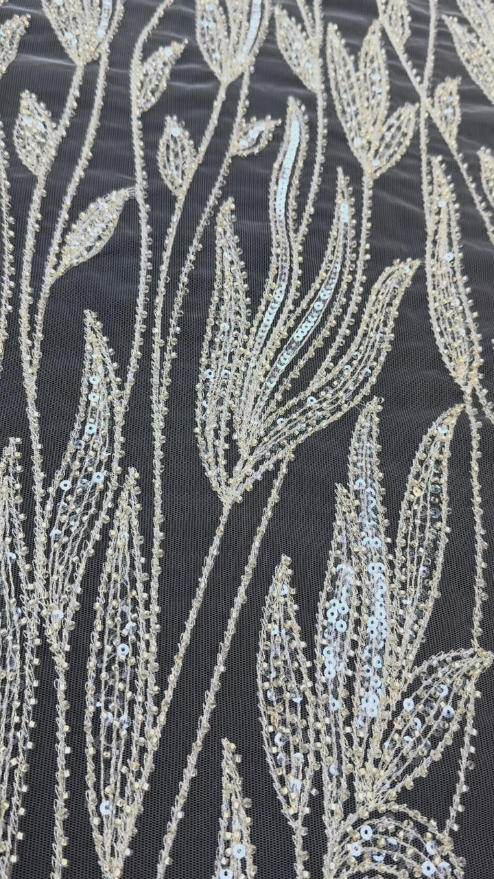 Luxury Champagne Floral Beaded Tulle Fabric with Sequins and Crystals