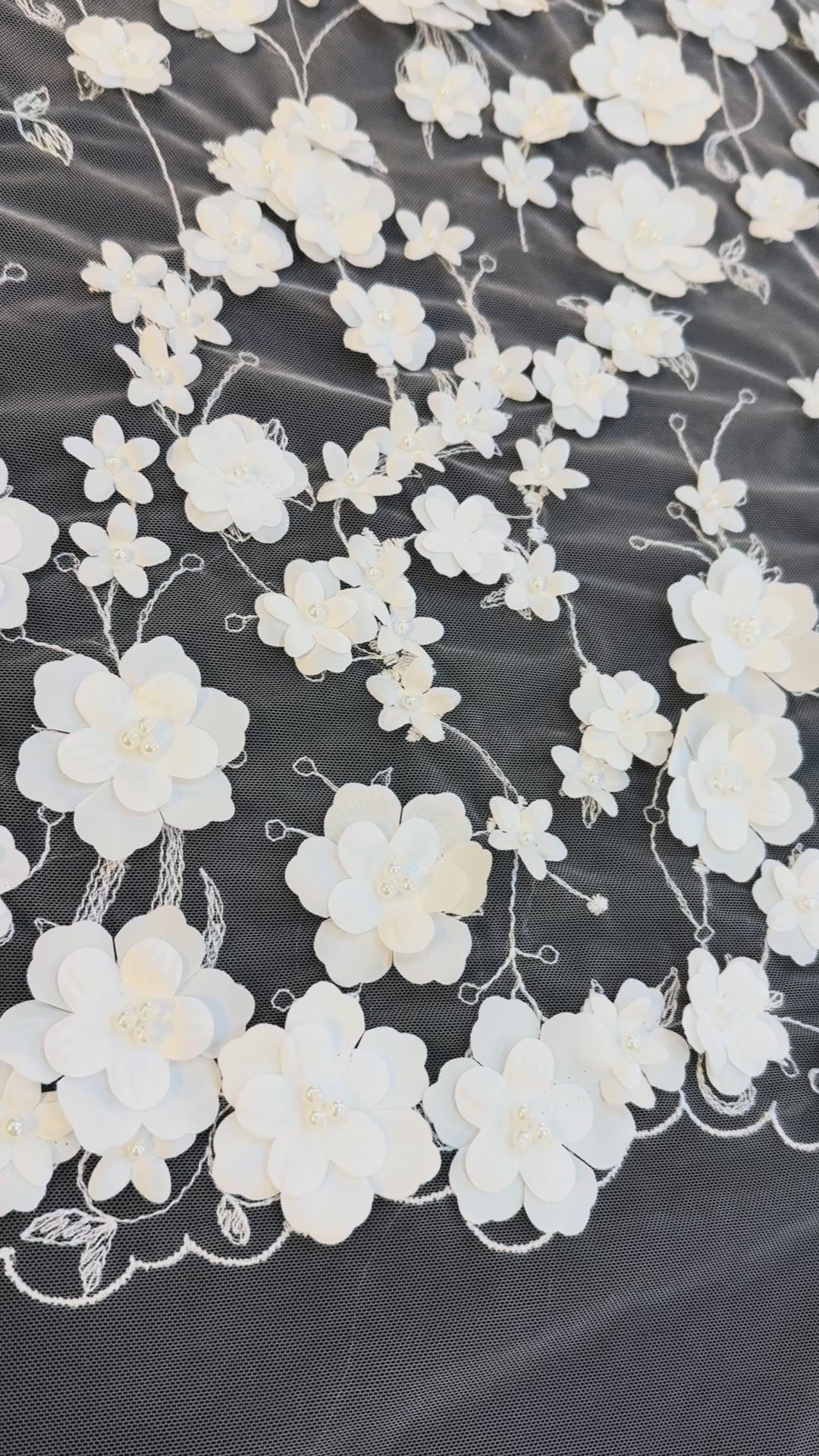 Luxury 3D White Floral Embroidered Tulle with Pearls – Bridal & Haute Couture Fabric ( 1 Piece = 3.5)