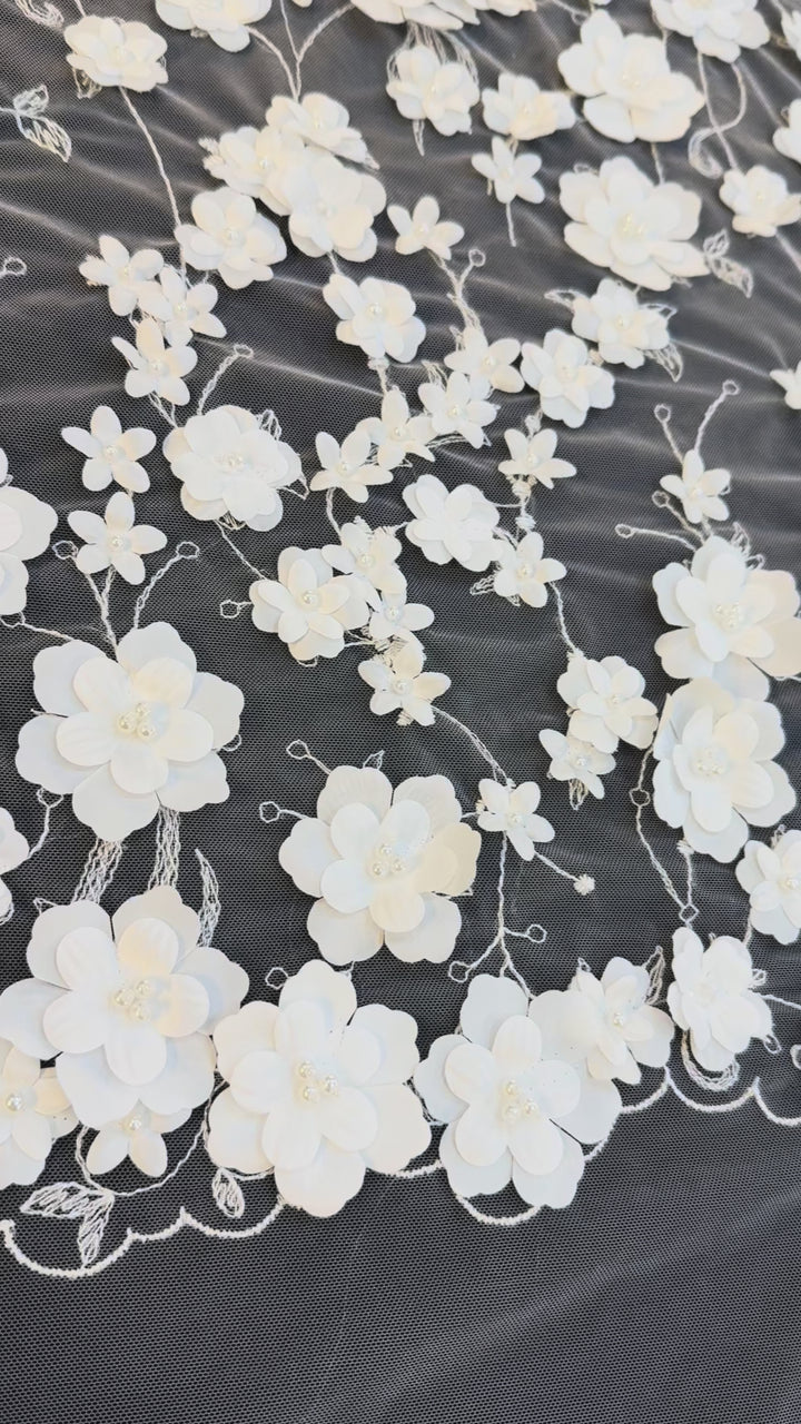 Luxury 3D White Floral Embroidered Tulle with Pearls – Bridal & Haute Couture Fabric ( 1 Piece = 3.5)