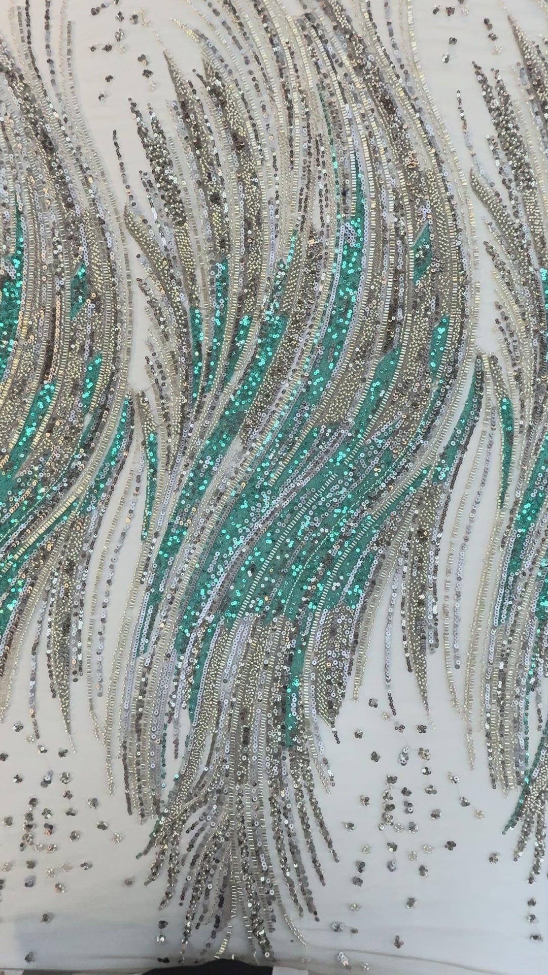 Emerald & Silver Sequin Beaded Tulle Fabric – Luxury Wave Pattern for Haute Couture & Evening Wear