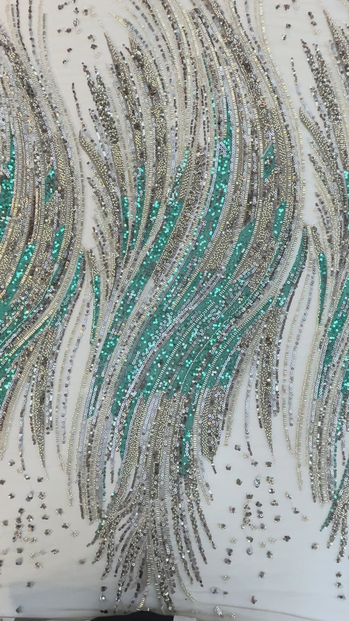 Emerald & Silver Sequin Beaded Tulle Fabric – Luxury Wave Pattern for Haute Couture & Evening Wear