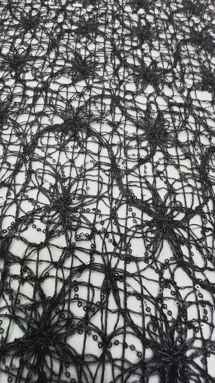 00Midnight Petal Net – Black Corded Lace with Sequins and Floral Motif