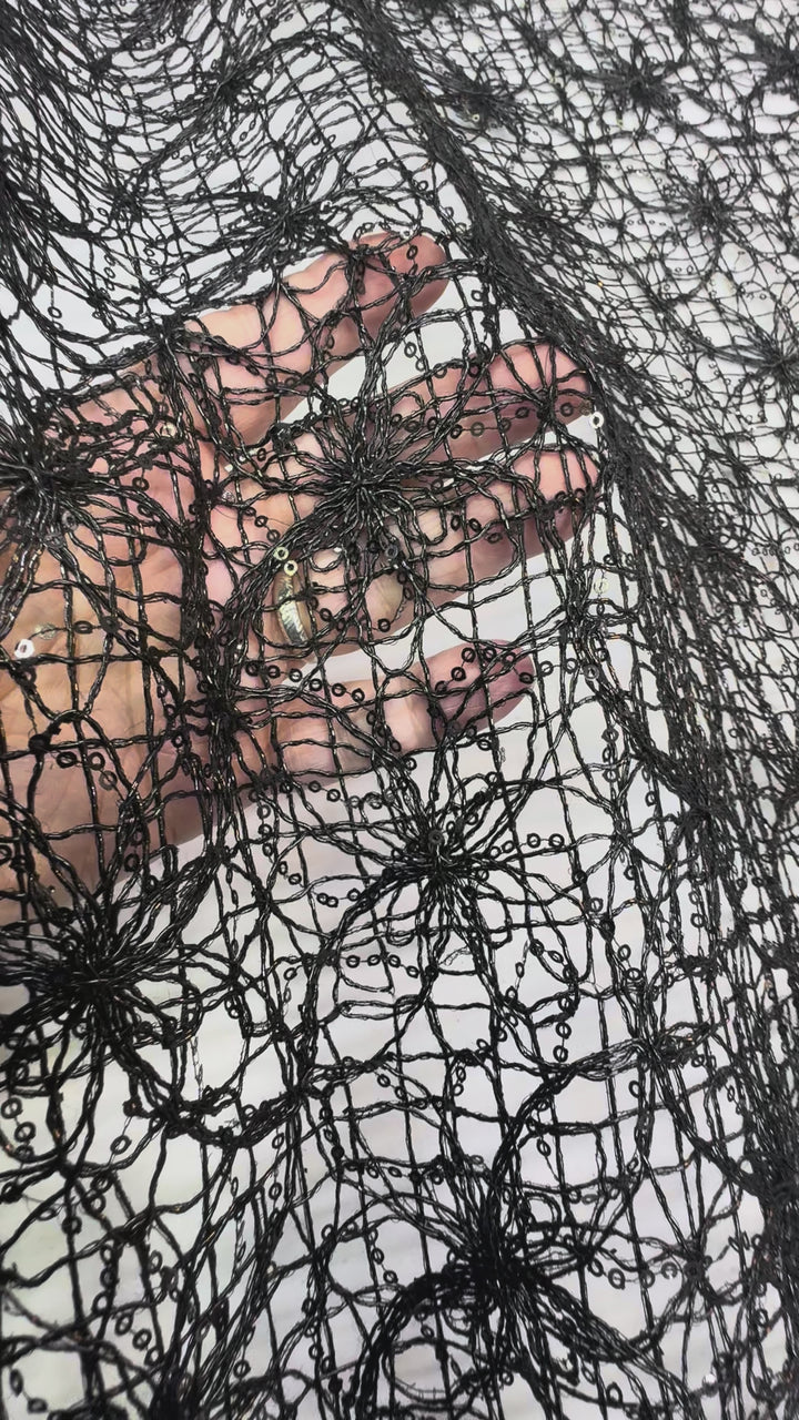 00Midnight Petal Net – Black Corded Lace with Sequins and Floral Motif