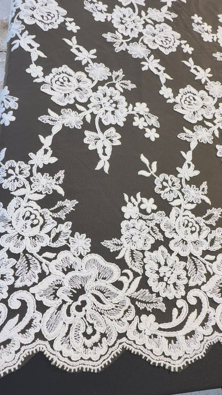 Luxury Nude Tulle with White Floral Embroidered Lace & Scalloped Edge – Bridal & Haute Couture