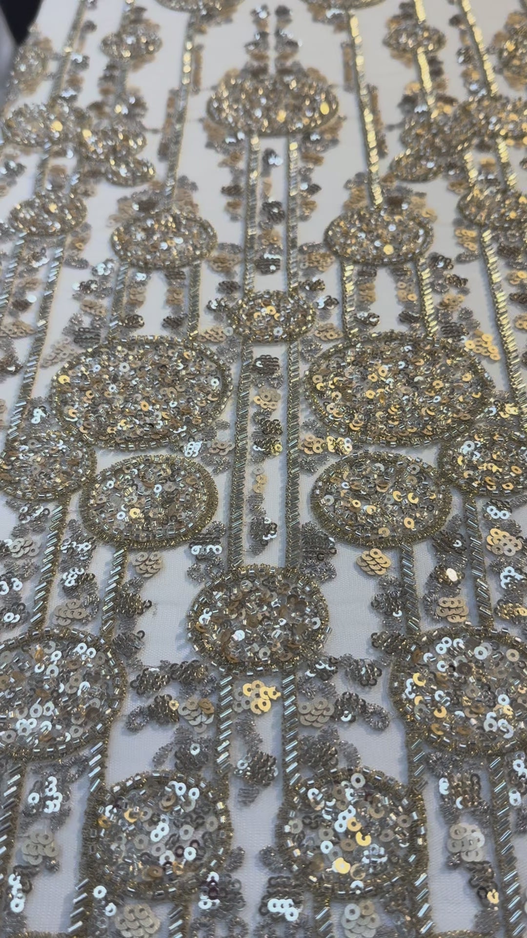 Luxury Gold Sequin & Bead Embroidered Abstract Tulle Fabric – Couture & Bridal (1 Piece = 4 Meters)