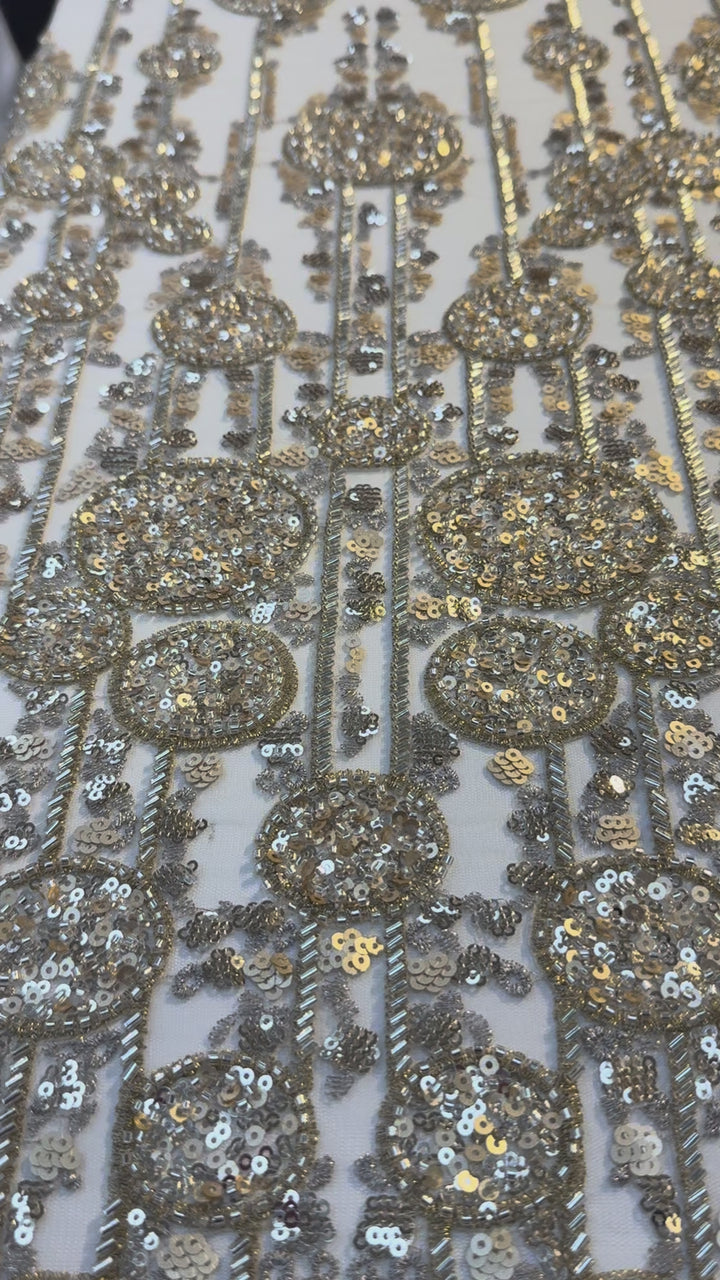 Luxury Gold Sequin & Bead Embroidered Abstract Tulle Fabric – Couture & Bridal (1 Piece = 4 Meters)