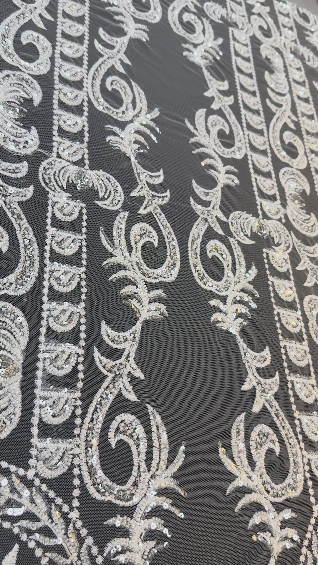 Luxury Off-white Embroidered Tulle with Sequins – Baroque Motif Evening & Bridal Fabric