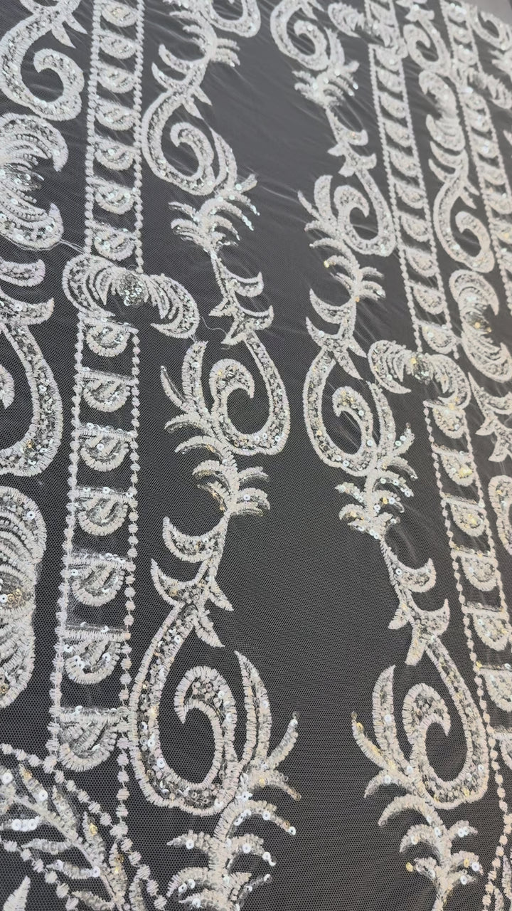 Luxury Off-white Embroidered Tulle with Sequins – Baroque Motif Evening & Bridal Fabric