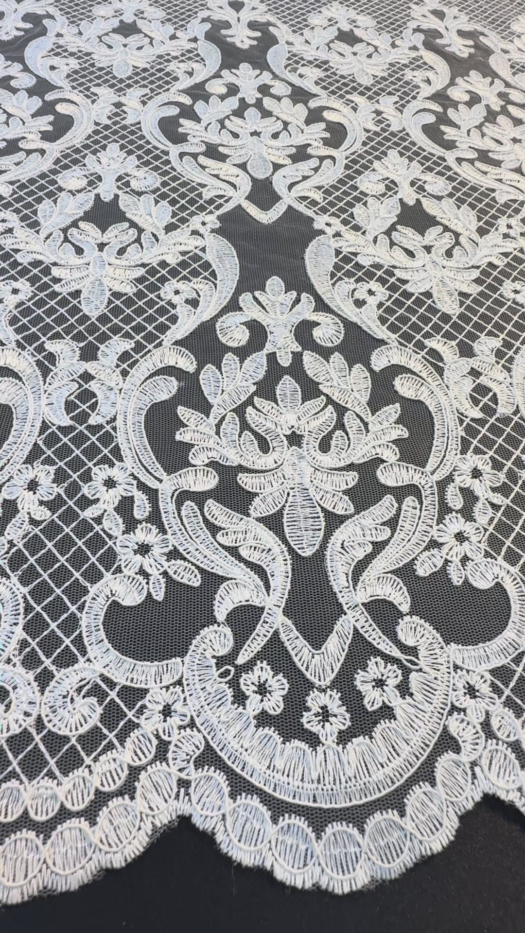 Luxury Baroque-Inspired White Embroidered Lace Fabric with Scalloped Edge( 1 Piece = 3.5 Meter)