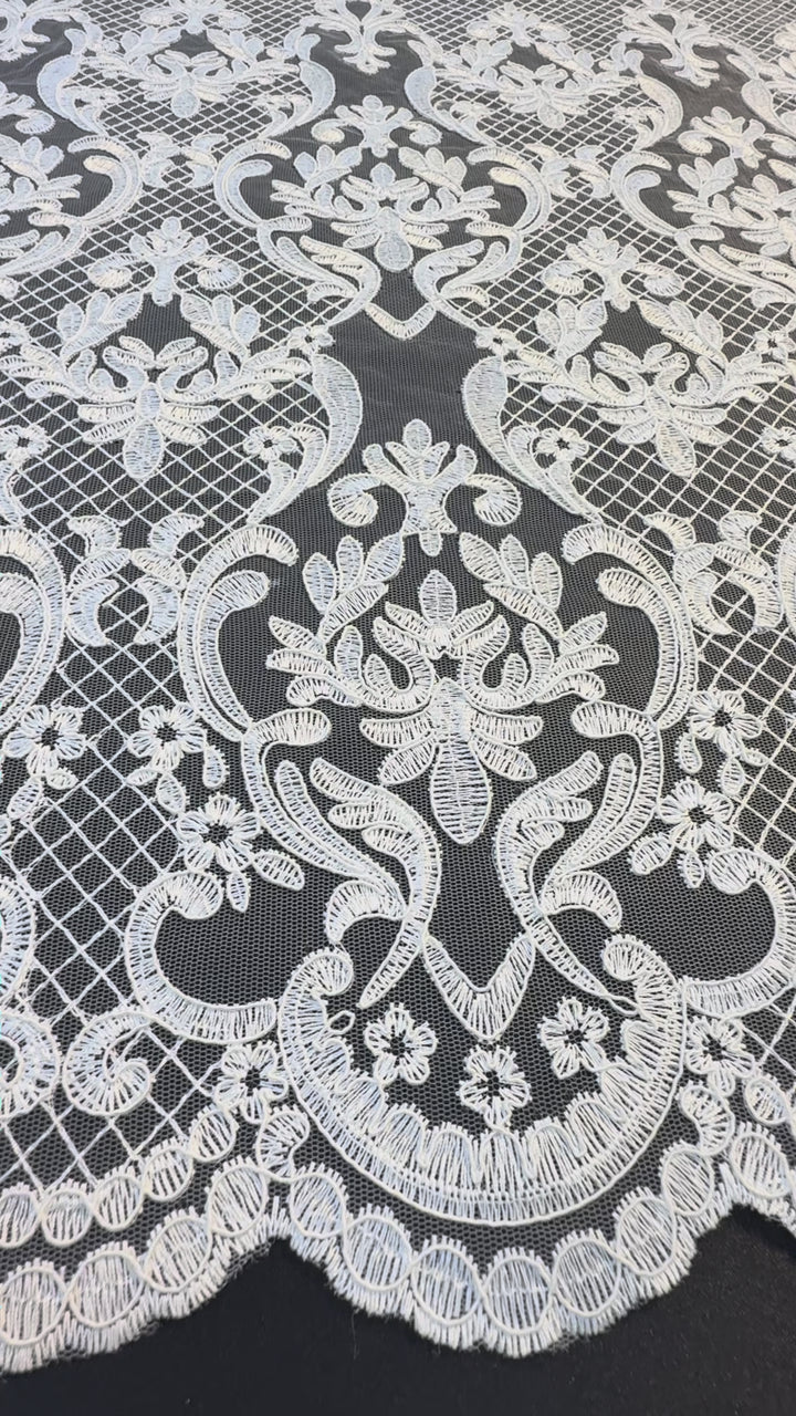 Luxury Baroque-Inspired White Embroidered Lace Fabric with Scalloped Edge( 1 Piece = 3.5 Meter)
